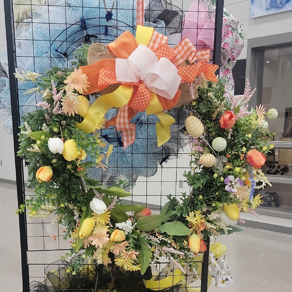 Spring Floral Wreath with Orange, Yellow & White Accents